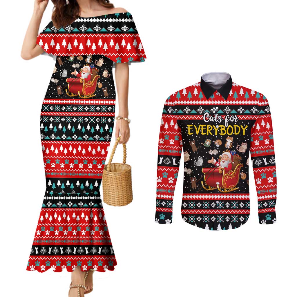 Funny Santa Couples Matching Mermaid Dress and Long Sleeve Button Shirt with Cats for Everybody Quote and Red Christmas Pattern - Wonder Print Shop