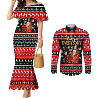 Funny Santa Couples Matching Mermaid Dress and Long Sleeve Button Shirt with Cats for Everybody Quote and Red Christmas Pattern - Wonder Print Shop