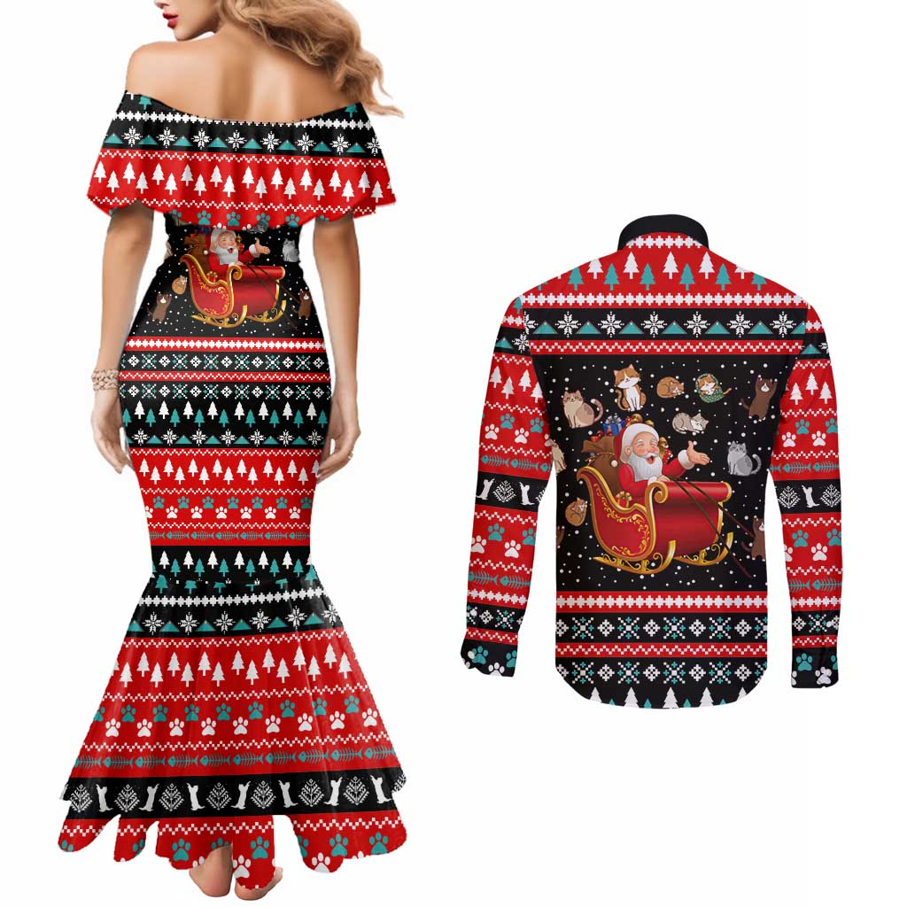 Funny Santa Couples Matching Mermaid Dress and Long Sleeve Button Shirt with Cats for Everybody Quote and Red Christmas Pattern - Wonder Print Shop