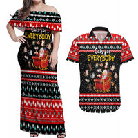 Funny Santa Couples Matching Off Shoulder Maxi Dress and Hawaiian Shirt with Cats for Everybody Quote and Red Christmas Pattern - Wonder Print Shop
