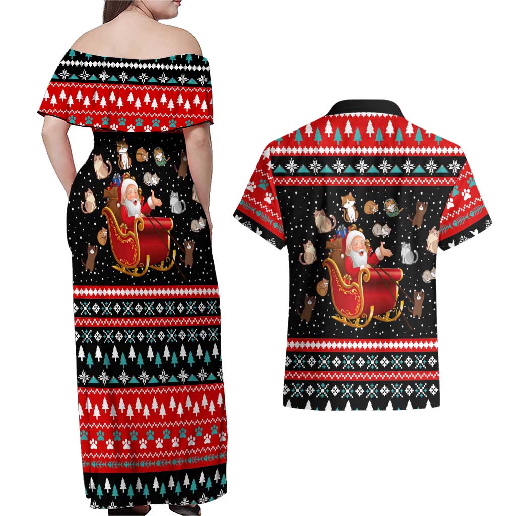 Funny Santa Couples Matching Off Shoulder Maxi Dress and Hawaiian Shirt with Cats for Everybody Quote and Red Christmas Pattern - Wonder Print Shop
