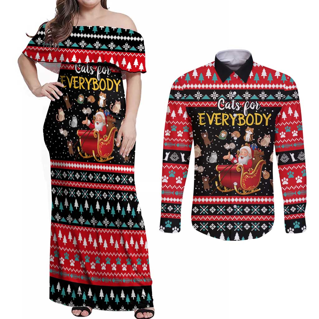 Funny Santa Couples Matching Off Shoulder Maxi Dress and Long Sleeve Button Shirt with Cats for Everybody Quote and Red Christmas Pattern - Wonder Print Shop