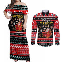Funny Santa Couples Matching Off Shoulder Maxi Dress and Long Sleeve Button Shirt with Cats for Everybody Quote and Red Christmas Pattern - Wonder Print Shop