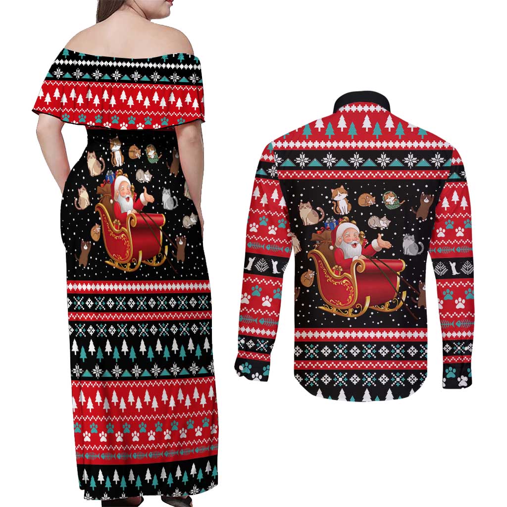 Funny Santa Couples Matching Off Shoulder Maxi Dress and Long Sleeve Button Shirt with Cats for Everybody Quote and Red Christmas Pattern - Wonder Print Shop