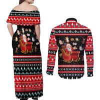 Funny Santa Couples Matching Off Shoulder Maxi Dress and Long Sleeve Button Shirt with Cats for Everybody Quote and Red Christmas Pattern - Wonder Print Shop