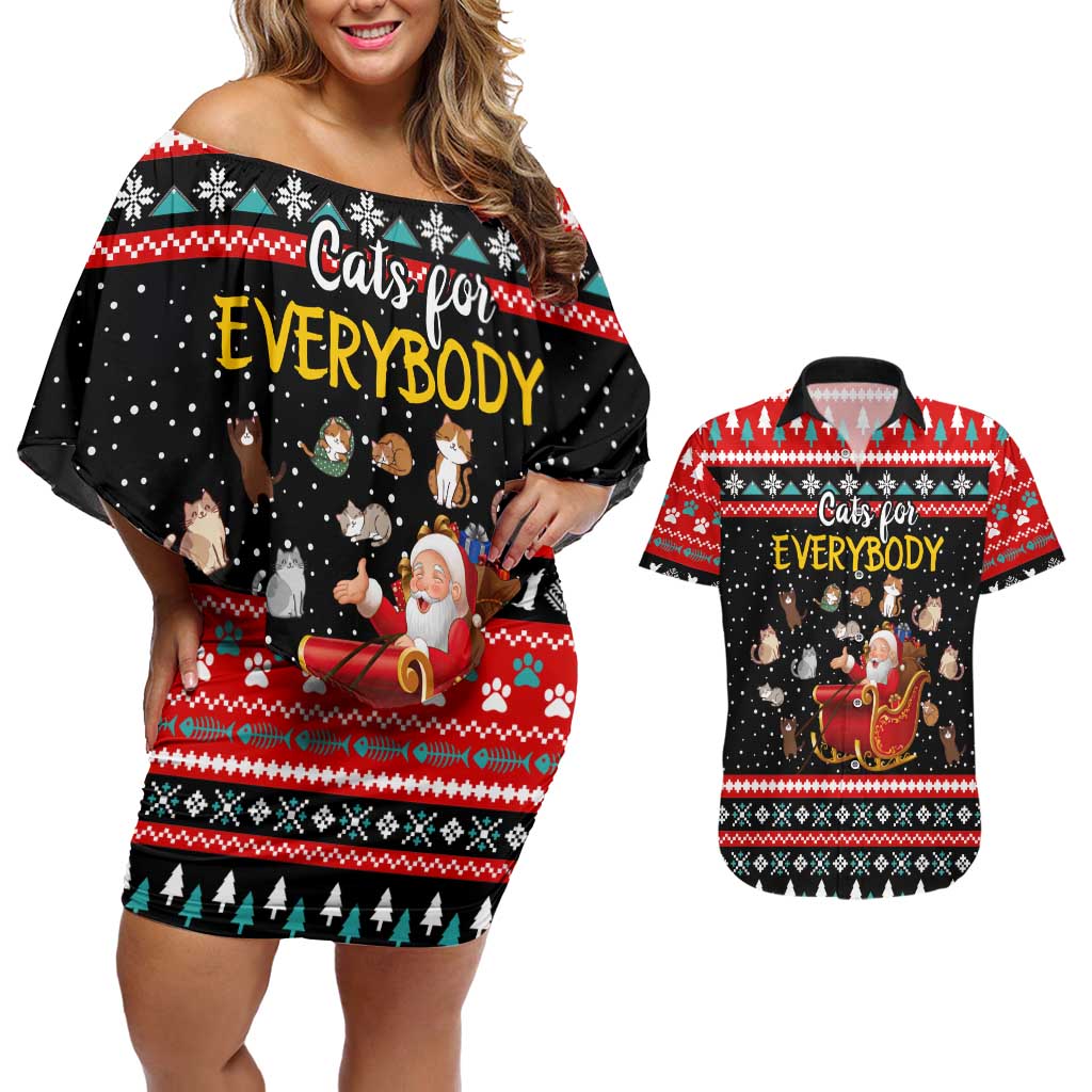 Funny Santa Couples Matching Off Shoulder Short Dress and Hawaiian Shirt with Cats for Everybody Quote and Red Christmas Pattern - Wonder Print Shop