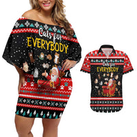 Funny Santa Couples Matching Off Shoulder Short Dress and Hawaiian Shirt with Cats for Everybody Quote and Red Christmas Pattern - Wonder Print Shop