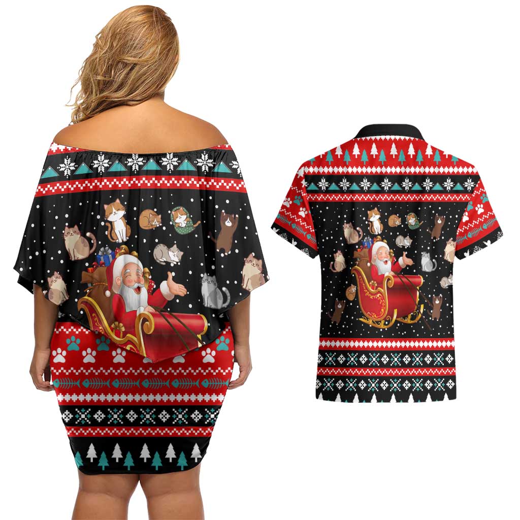 Funny Santa Couples Matching Off Shoulder Short Dress and Hawaiian Shirt with Cats for Everybody Quote and Red Christmas Pattern - Wonder Print Shop