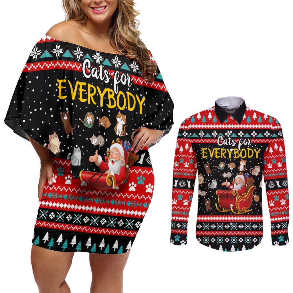 Funny Santa Couples Matching Off Shoulder Short Dress and Long Sleeve Button Shirt with Cats for Everybody Quote and Red Christmas Pattern - Wonder Print Shop