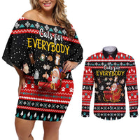 Funny Santa Couples Matching Off Shoulder Short Dress and Long Sleeve Button Shirt with Cats for Everybody Quote and Red Christmas Pattern - Wonder Print Shop