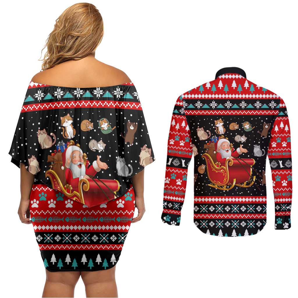 Funny Santa Couples Matching Off Shoulder Short Dress and Long Sleeve Button Shirt with Cats for Everybody Quote and Red Christmas Pattern - Wonder Print Shop