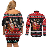 Funny Santa Couples Matching Off Shoulder Short Dress and Long Sleeve Button Shirt with Cats for Everybody Quote and Red Christmas Pattern - Wonder Print Shop