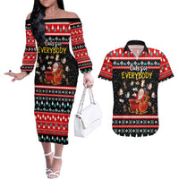 Funny Santa Couples Matching Off The Shoulder Long Sleeve Dress and Hawaiian Shirt with Cats for Everybody Quote and Red Christmas Pattern - Wonder Print Shop