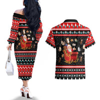 Funny Santa Couples Matching Off The Shoulder Long Sleeve Dress and Hawaiian Shirt with Cats for Everybody Quote and Red Christmas Pattern - Wonder Print Shop