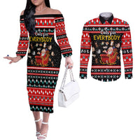 Funny Santa Couples Matching Off The Shoulder Long Sleeve Dress and Long Sleeve Button Shirt with Cats for Everybody Quote and Red Christmas Pattern - Wonder Print Shop