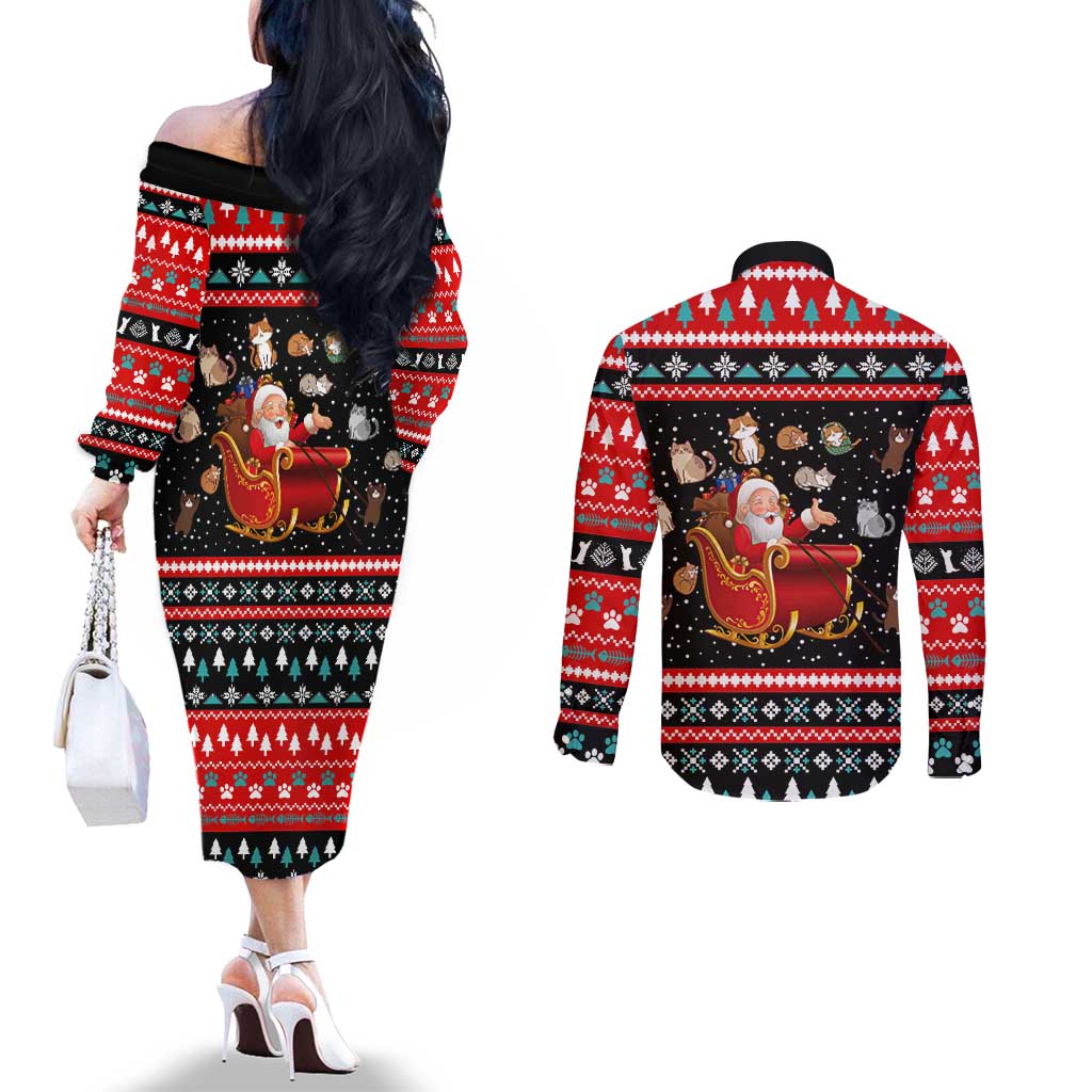 Funny Santa Couples Matching Off The Shoulder Long Sleeve Dress and Long Sleeve Button Shirt with Cats for Everybody Quote and Red Christmas Pattern - Wonder Print Shop