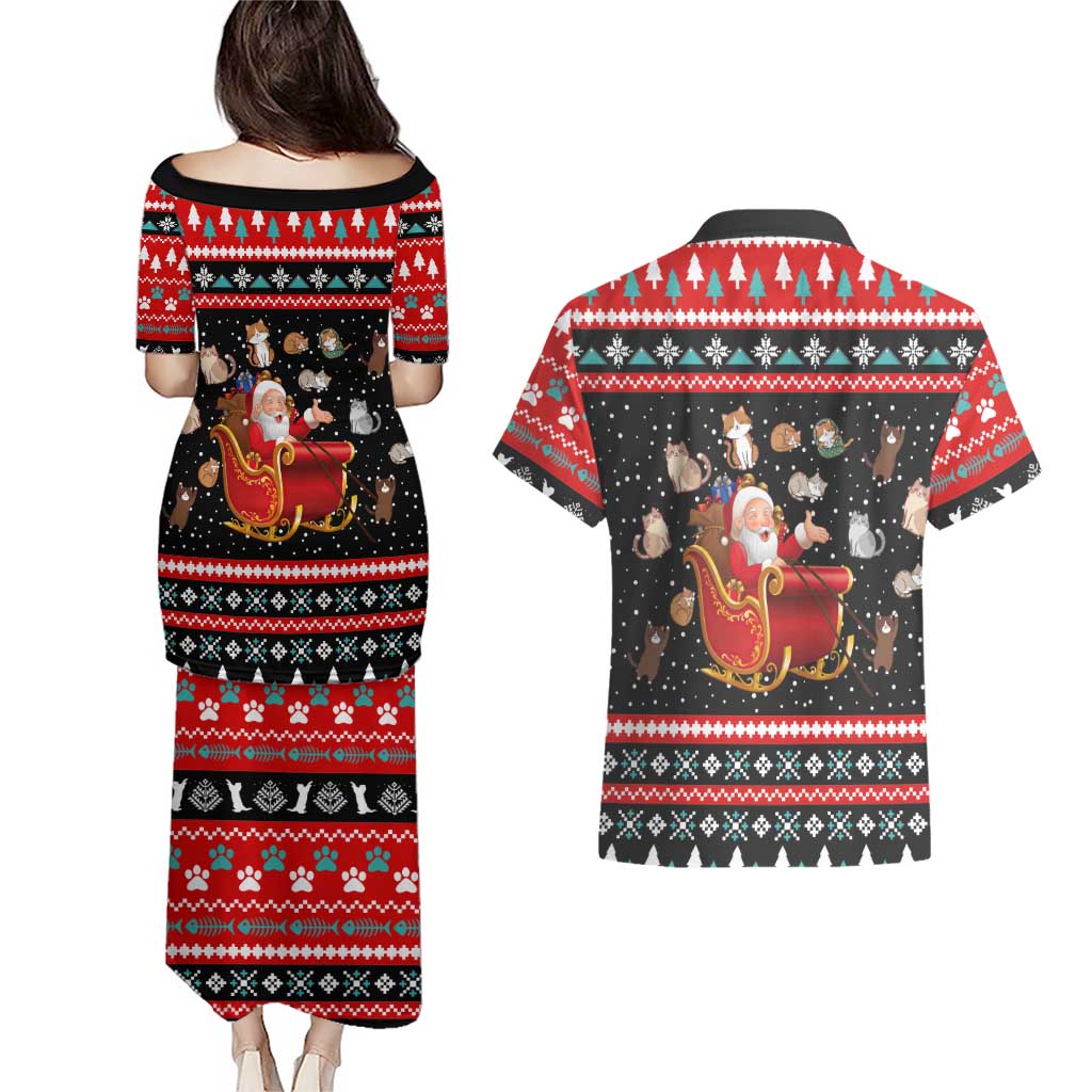 Funny Santa Couples Matching Puletasi and Hawaiian Shirt with Cats for Everybody Quote and Red Christmas Pattern - Wonder Print Shop