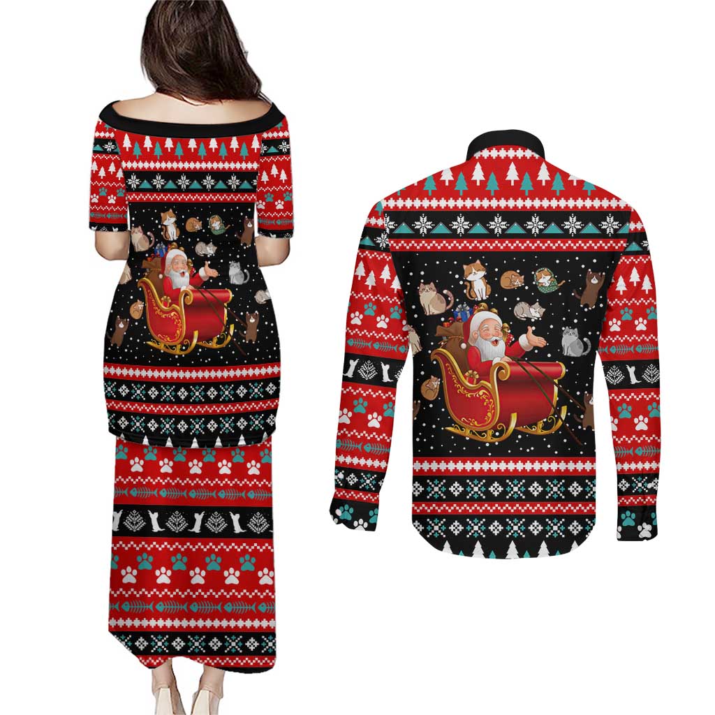 Funny Santa Couples Matching Puletasi and Long Sleeve Button Shirt with Cats for Everybody Quote and Red Christmas Pattern - Wonder Print Shop
