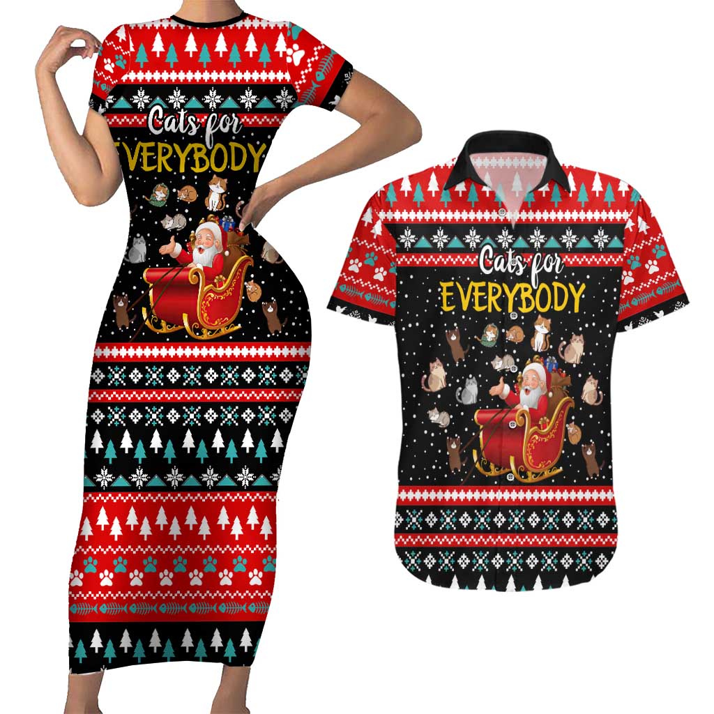 Funny Santa Couples Matching Short Sleeve Bodycon Dress and Hawaiian Shirt with Cats for Everybody Quote and Red Christmas Pattern - Wonder Print Shop