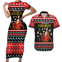 Funny Santa Couples Matching Short Sleeve Bodycon Dress and Hawaiian Shirt with Cats for Everybody Quote and Red Christmas Pattern - Wonder Print Shop