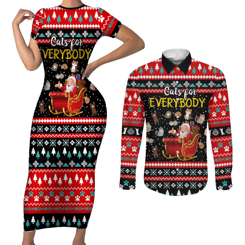 Funny Santa Couples Matching Short Sleeve Bodycon Dress and Long Sleeve Button Shirt with Cats for Everybody Quote and Red Christmas Pattern - Wonder Print Shop