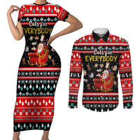 Funny Santa Couples Matching Short Sleeve Bodycon Dress and Long Sleeve Button Shirt with Cats for Everybody Quote and Red Christmas Pattern - Wonder Print Shop