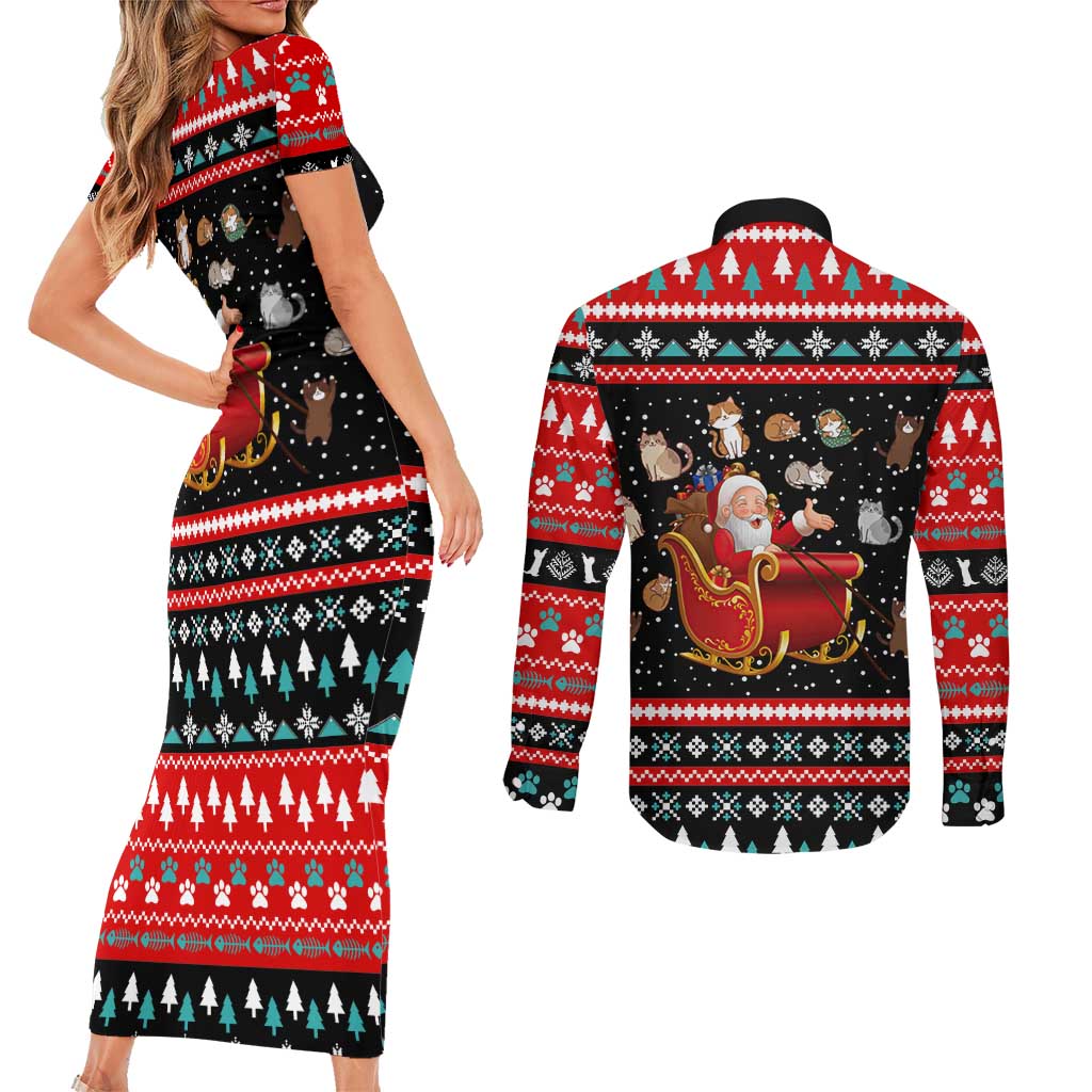 Funny Santa Couples Matching Short Sleeve Bodycon Dress and Long Sleeve Button Shirt with Cats for Everybody Quote and Red Christmas Pattern - Wonder Print Shop