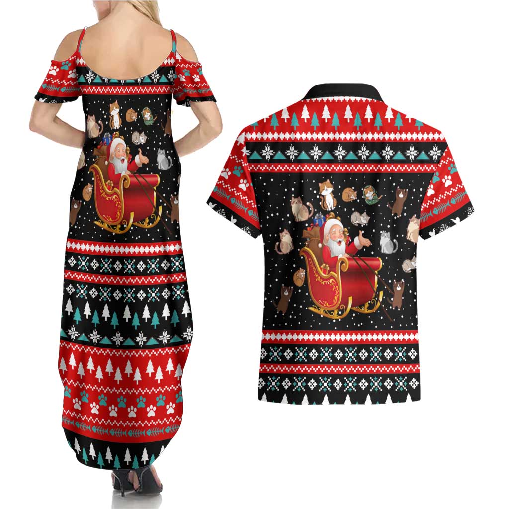 Funny Santa Couples Matching Summer Maxi Dress and Hawaiian Shirt with Cats for Everybody Quote and Red Christmas Pattern - Wonder Print Shop