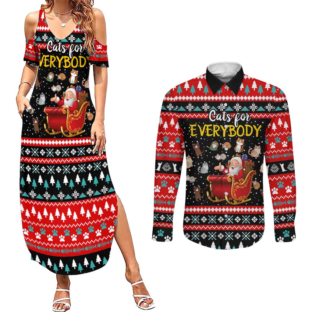 Funny Santa Couples Matching Summer Maxi Dress and Long Sleeve Button Shirt with Cats for Everybody Quote and Red Christmas Pattern - Wonder Print Shop