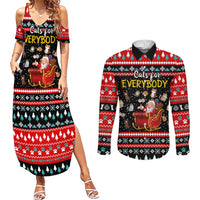 Funny Santa Couples Matching Summer Maxi Dress and Long Sleeve Button Shirt with Cats for Everybody Quote and Red Christmas Pattern - Wonder Print Shop