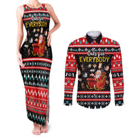 Funny Santa Couples Matching Tank Maxi Dress and Long Sleeve Button Shirt with Cats for Everybody Quote and Red Christmas Pattern - Wonder Print Shop