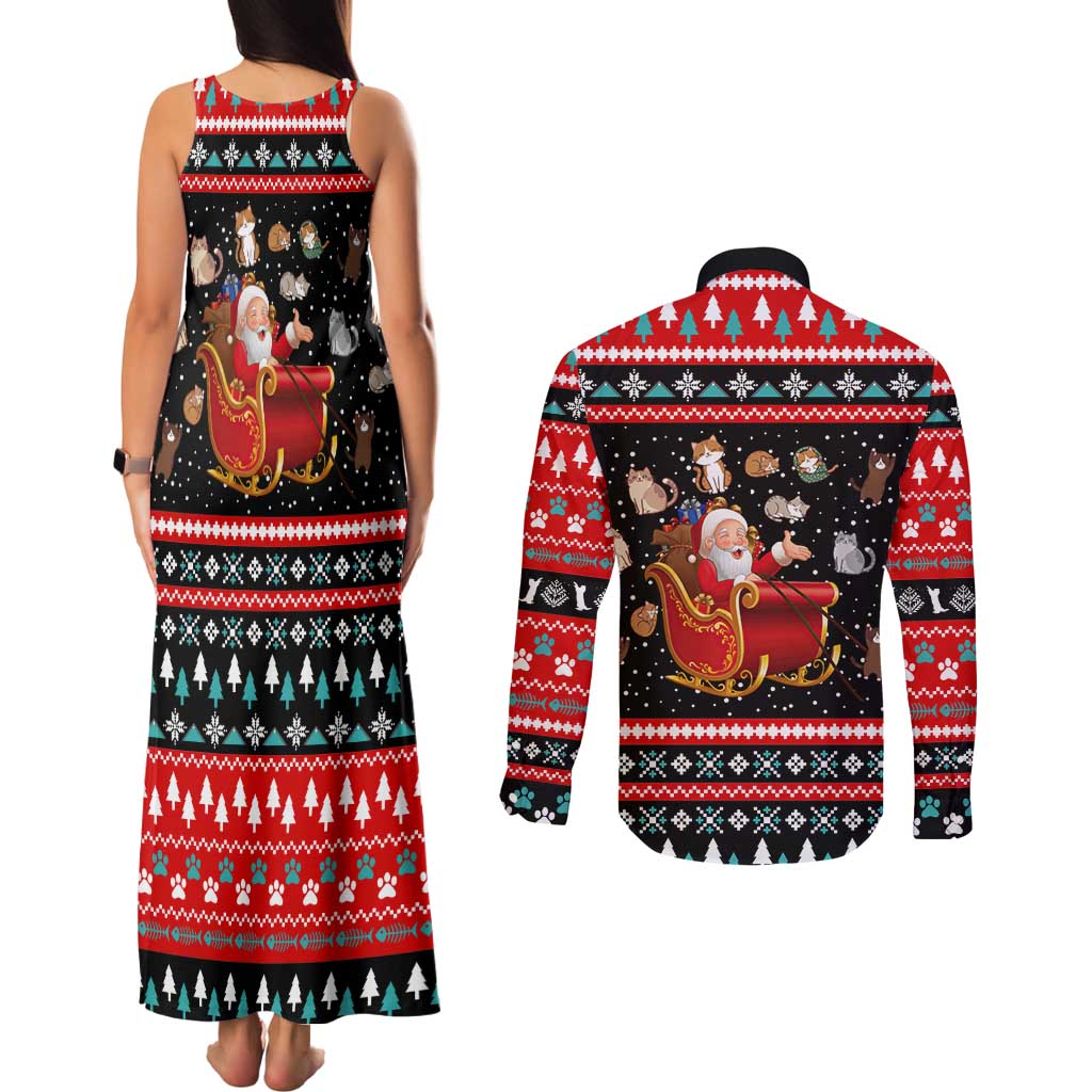 Funny Santa Couples Matching Tank Maxi Dress and Long Sleeve Button Shirt with Cats for Everybody Quote and Red Christmas Pattern - Wonder Print Shop
