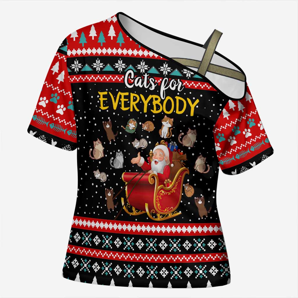 Funny Santa Cross Shoulder Shirt with Cats for Everybody Quote and Red Christmas Pattern - Wonder Print Shop