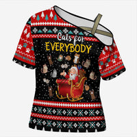 Funny Santa Cross Shoulder Shirt with Cats for Everybody Quote and Red Christmas Pattern - Wonder Print Shop