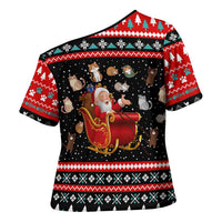 Funny Santa Cross Shoulder Shirt with Cats for Everybody Quote and Red Christmas Pattern - Wonder Print Shop