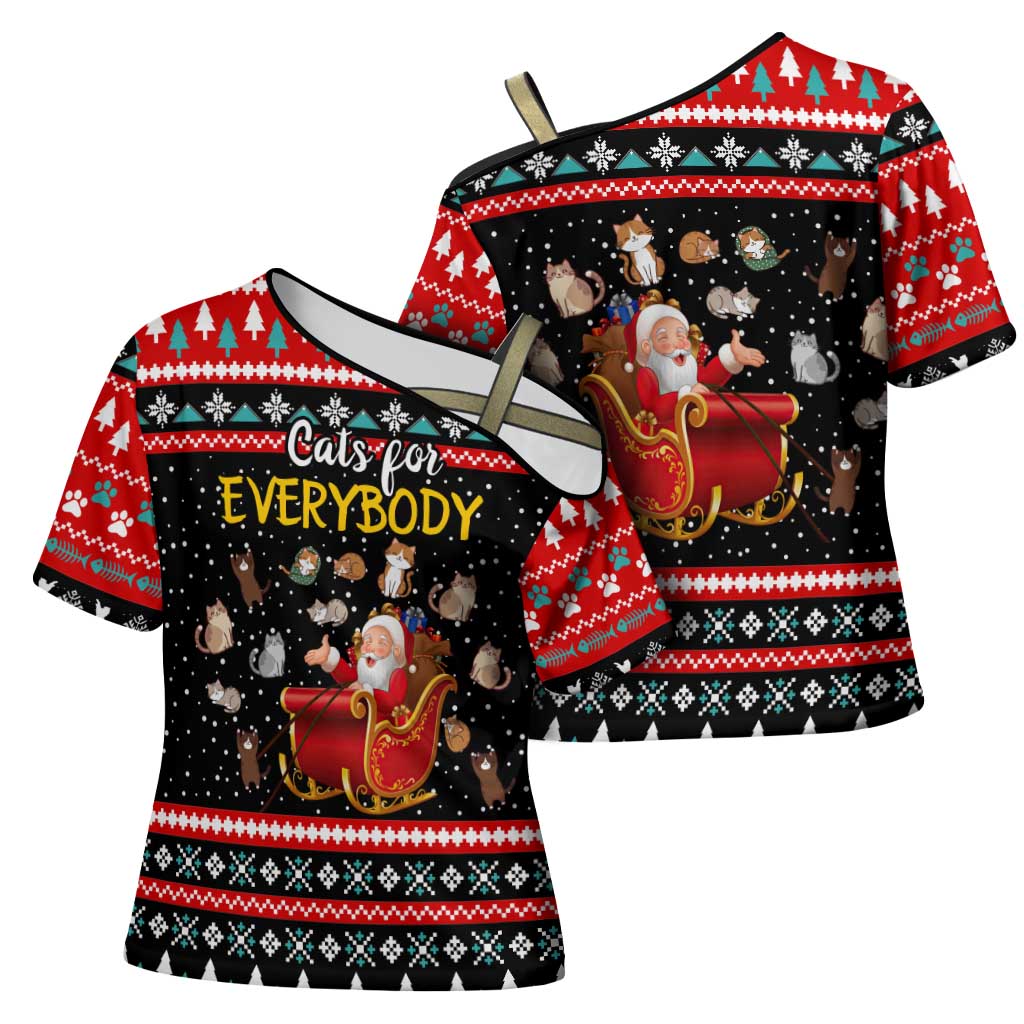Funny Santa Cross Shoulder Shirt with Cats for Everybody Quote and Red Christmas Pattern - Wonder Print Shop