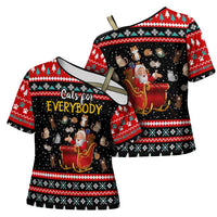 Funny Santa Cross Shoulder Shirt with Cats for Everybody Quote and Red Christmas Pattern - Wonder Print Shop