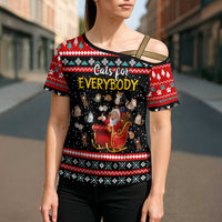 Funny Santa Cross Shoulder Shirt with Cats for Everybody Quote and Red Christmas Pattern - Wonder Print Shop