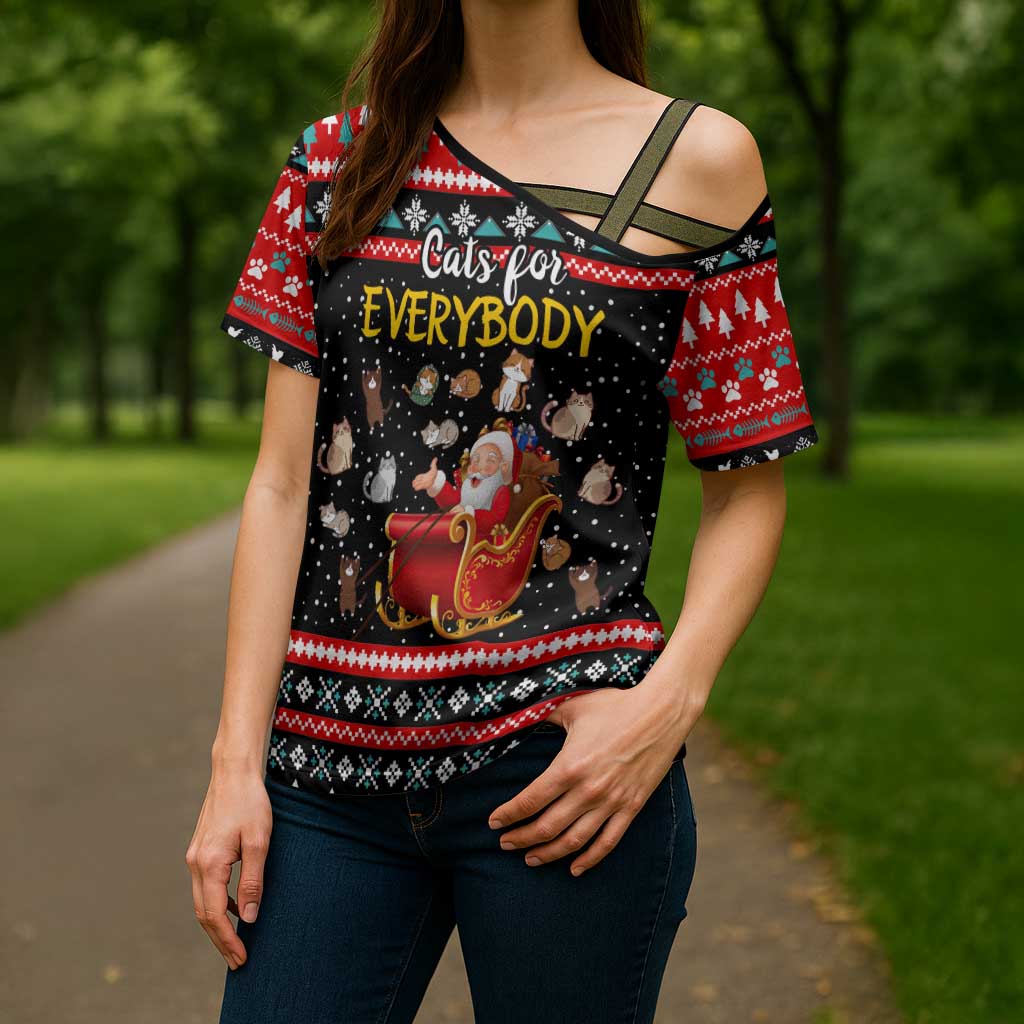 Funny Santa Cross Shoulder Shirt with Cats for Everybody Quote and Red Christmas Pattern - Wonder Print Shop