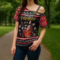 Funny Santa Cross Shoulder Shirt with Cats for Everybody Quote and Red Christmas Pattern - Wonder Print Shop