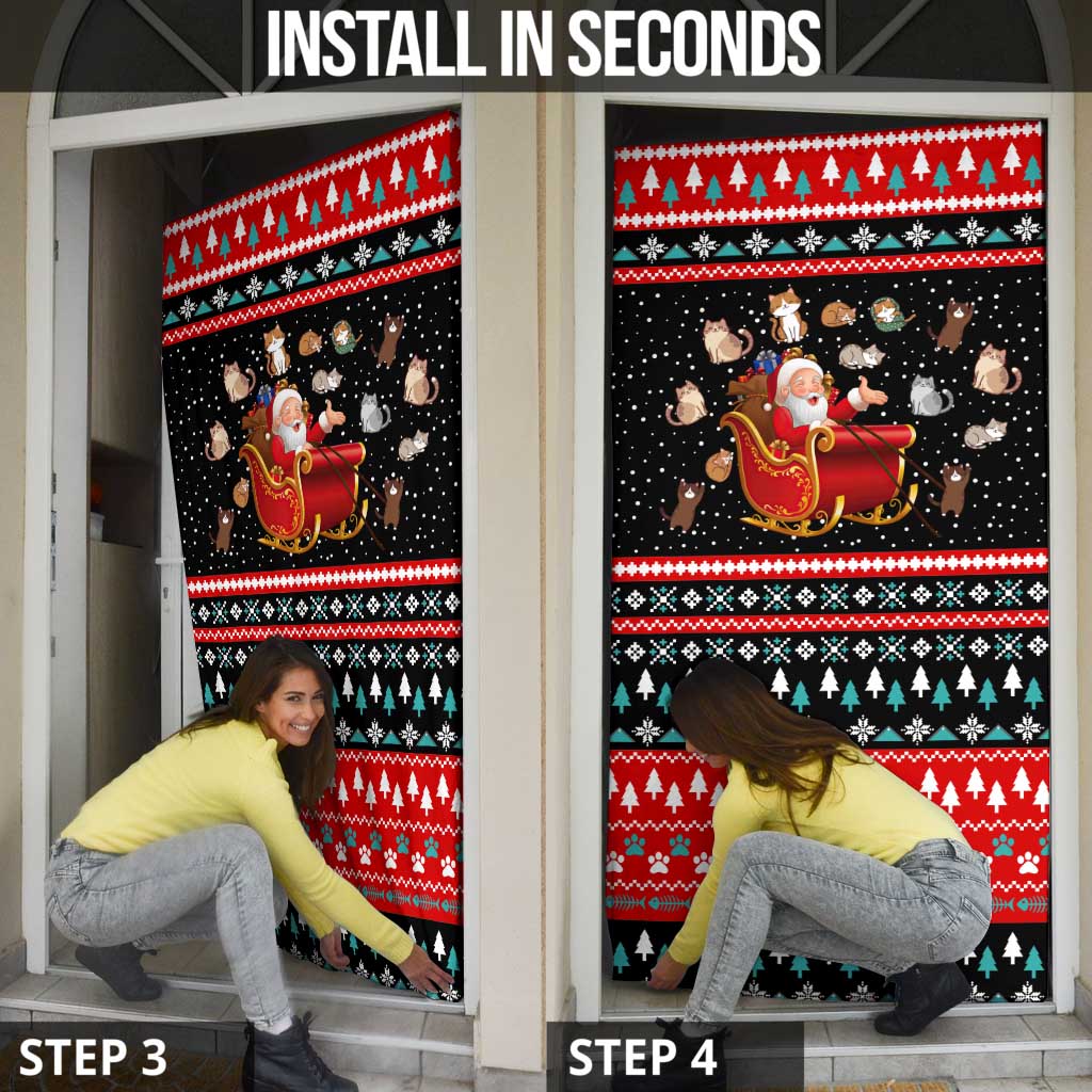 Funny Santa Door Cover with Cats for Everybody Quote and Red Christmas Pattern - Wonder Print Shop