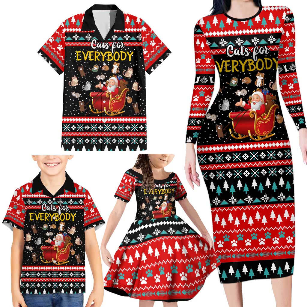 Funny Santa Family Matching Long Sleeve Bodycon Dress and Hawaiian Shirt with Cats for Everybody Quote and Red Christmas Pattern - Wonder Print Shop