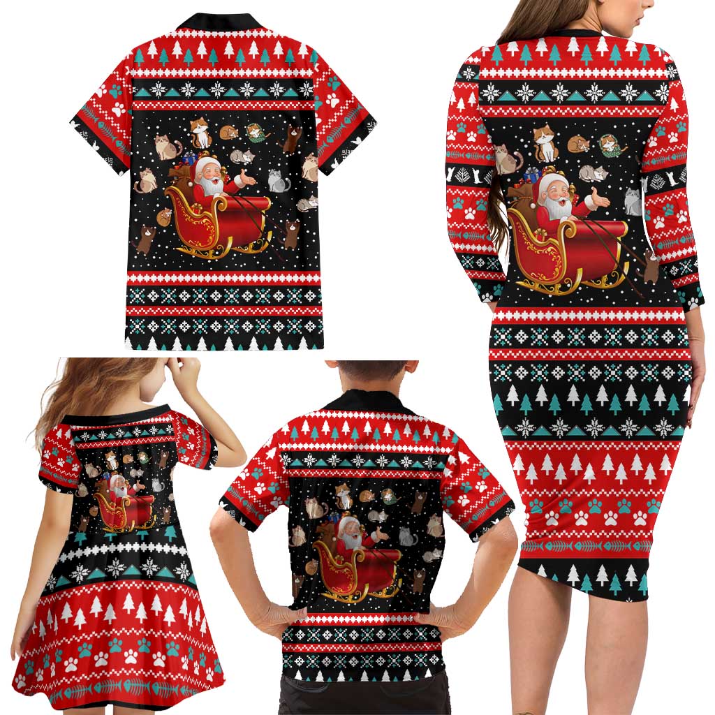 Funny Santa Family Matching Long Sleeve Bodycon Dress and Hawaiian Shirt with Cats for Everybody Quote and Red Christmas Pattern - Wonder Print Shop