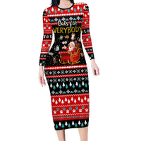 Funny Santa Family Matching Long Sleeve Bodycon Dress and Hawaiian Shirt with Cats for Everybody Quote and Red Christmas Pattern - Wonder Print Shop