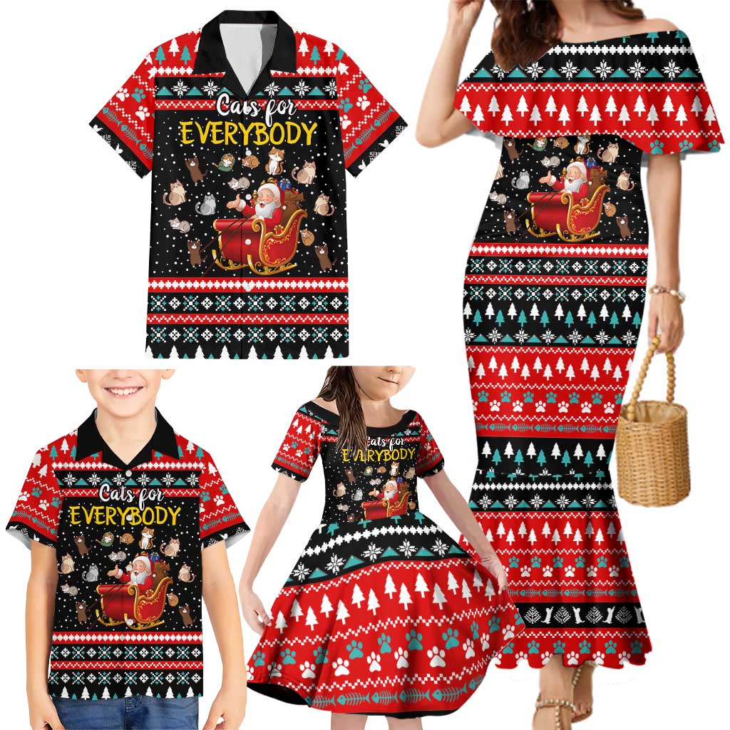 Funny Santa Family Matching Mermaid Dress and Hawaiian Shirt with Cats for Everybody Quote and Red Christmas Pattern - Wonder Print Shop