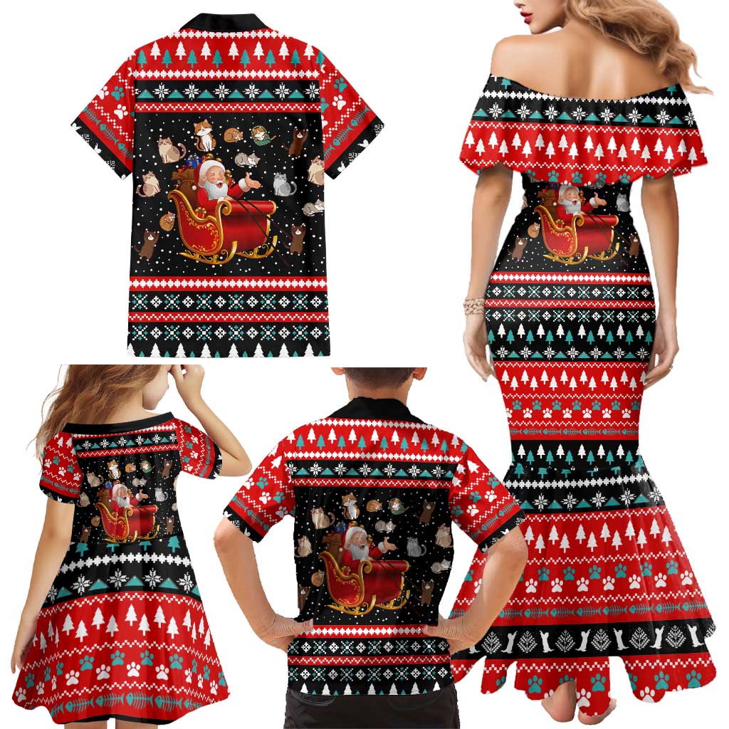 Funny Santa Family Matching Mermaid Dress and Hawaiian Shirt with Cats for Everybody Quote and Red Christmas Pattern - Wonder Print Shop