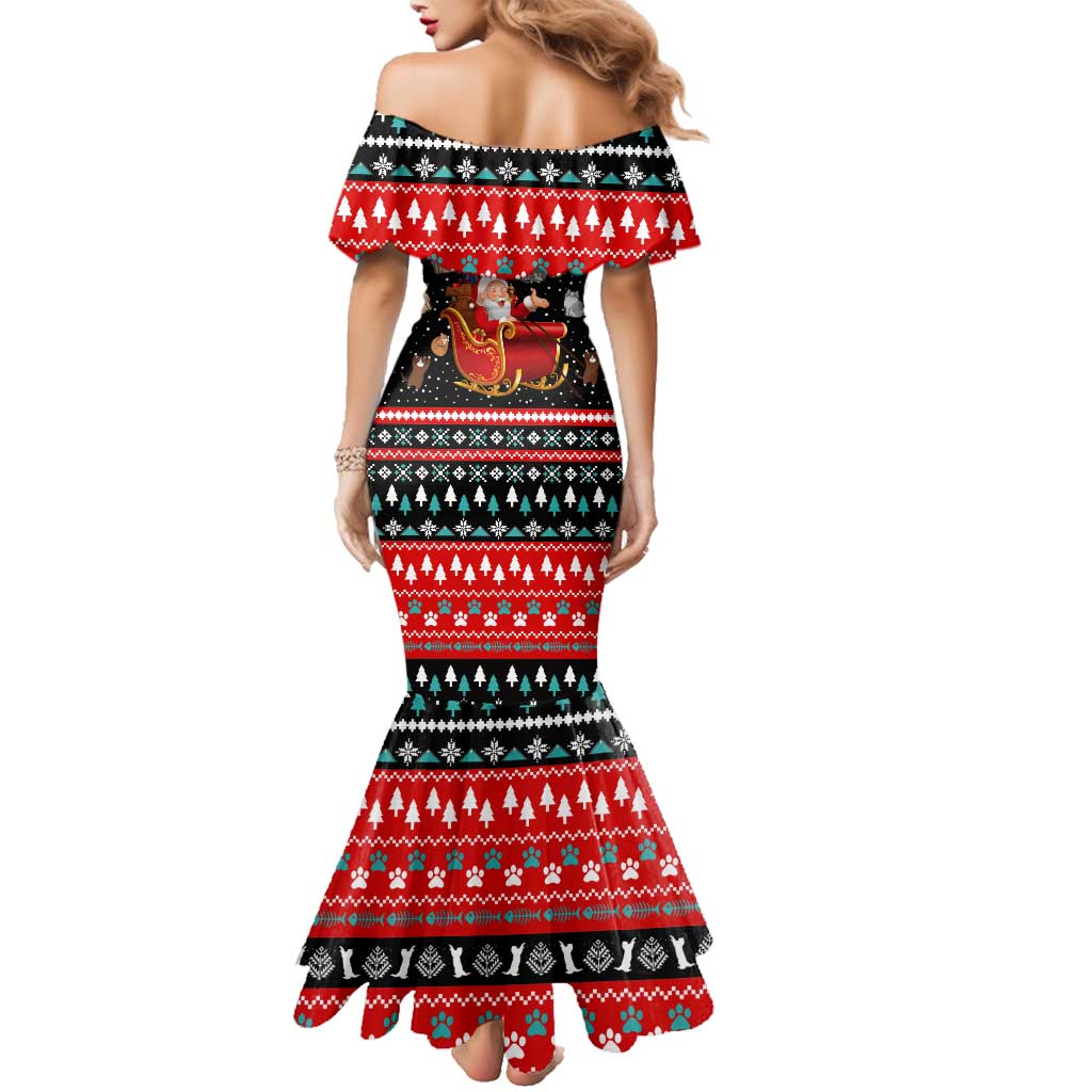 Funny Santa Family Matching Mermaid Dress and Hawaiian Shirt with Cats for Everybody Quote and Red Christmas Pattern - Wonder Print Shop
