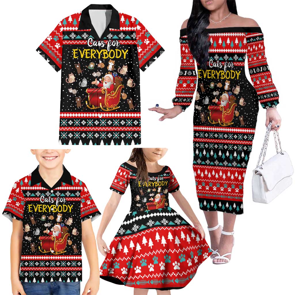Funny Santa Family Matching Off The Shoulder Long Sleeve Dress and Hawaiian Shirt with Cats for Everybody Quote and Red Christmas Pattern - Wonder Print Shop
