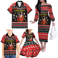 Funny Santa Family Matching Off The Shoulder Long Sleeve Dress and Hawaiian Shirt with Cats for Everybody Quote and Red Christmas Pattern - Wonder Print Shop