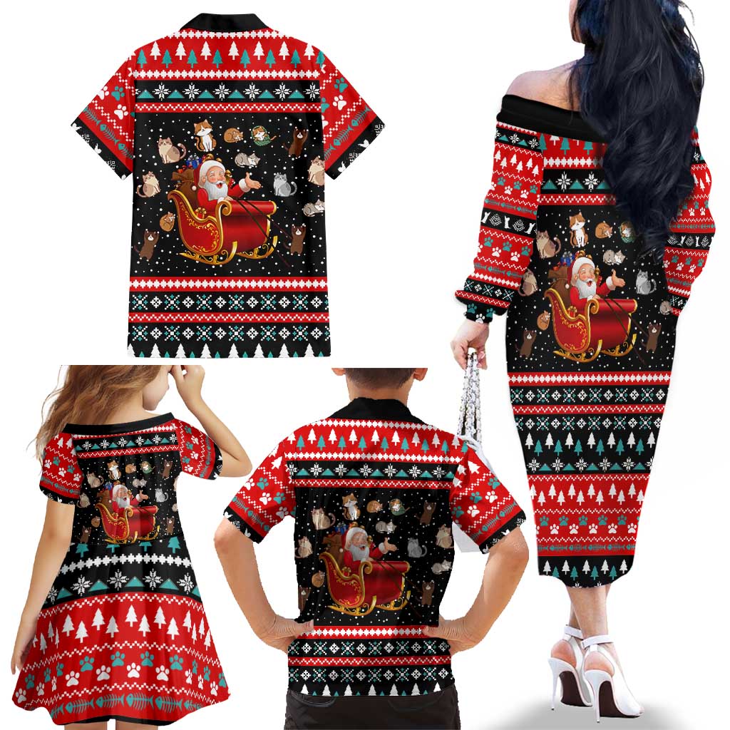 Funny Santa Family Matching Off The Shoulder Long Sleeve Dress and Hawaiian Shirt with Cats for Everybody Quote and Red Christmas Pattern - Wonder Print Shop